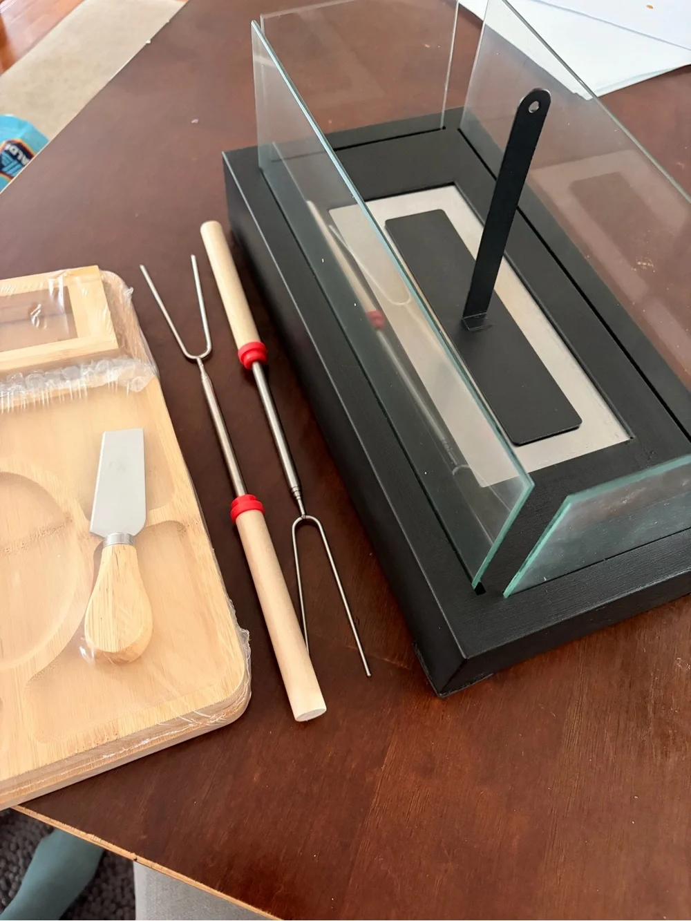 Black Tabletop Firepit with Bamboo Dessert & Fruit Boards Set & utensils